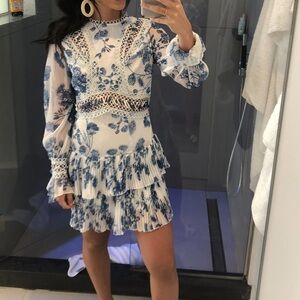 ASOS Design mini dress with lace detail in toile du joue print - blue and white